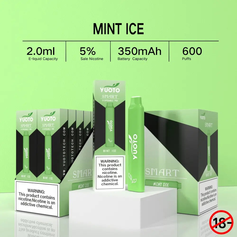 Yuoto Smart Mint ICE kan beskrivas som en härlig bild på en e-cigarettdosa med en frisk mintgrön färg. Det är en lockande bild som visar att detta är en svalkande och uppfriskande smak av mint, som ger en känsla av fräschhet och renhet. Med denna bild kan man nästan känna den kalla mintsmaken i munnen och längta efter att prova denna läckra e-juice.