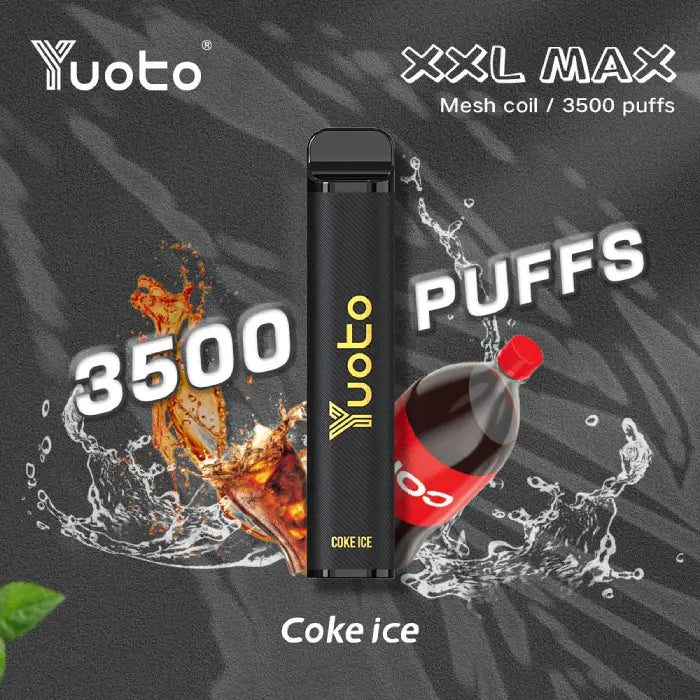 Engångs vape 3500 bloss, med smak av is cola. Illustration av ett glas med is och en cola flaska i bakgrunden.